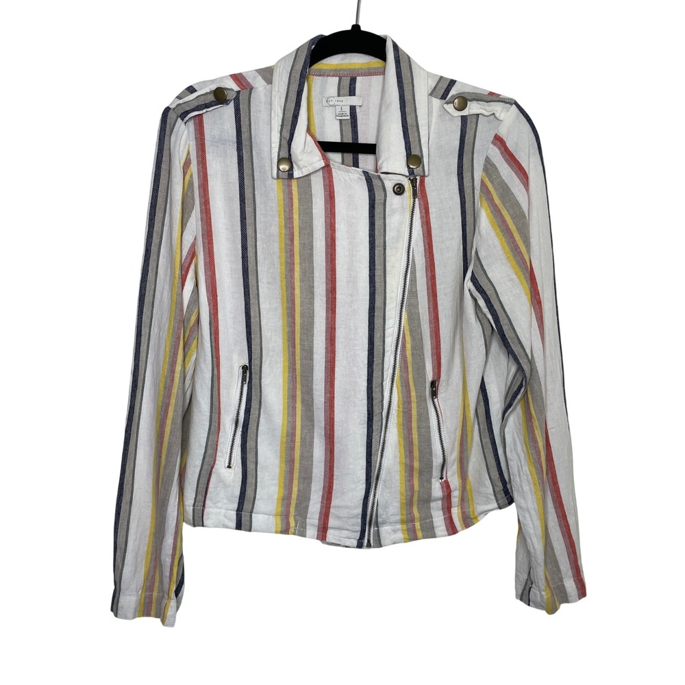 EST 1946 Linen Blend Moto Style Jacket Women Large White Multi Color Striped Zip